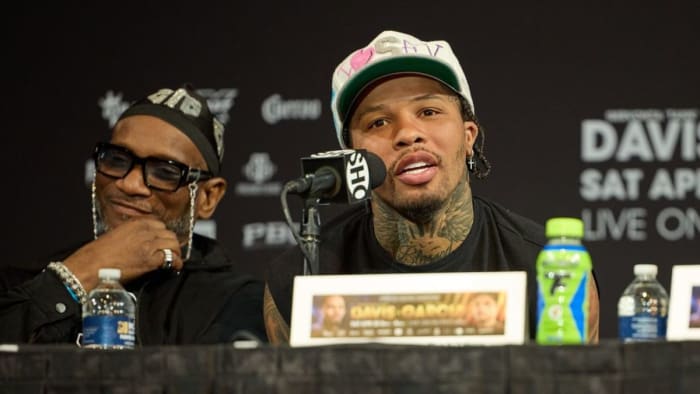 Gervonta Davis speaks at the final press conference on April 20, 2023 in Las Vegas. (Esther Lin/SHOWTIME)